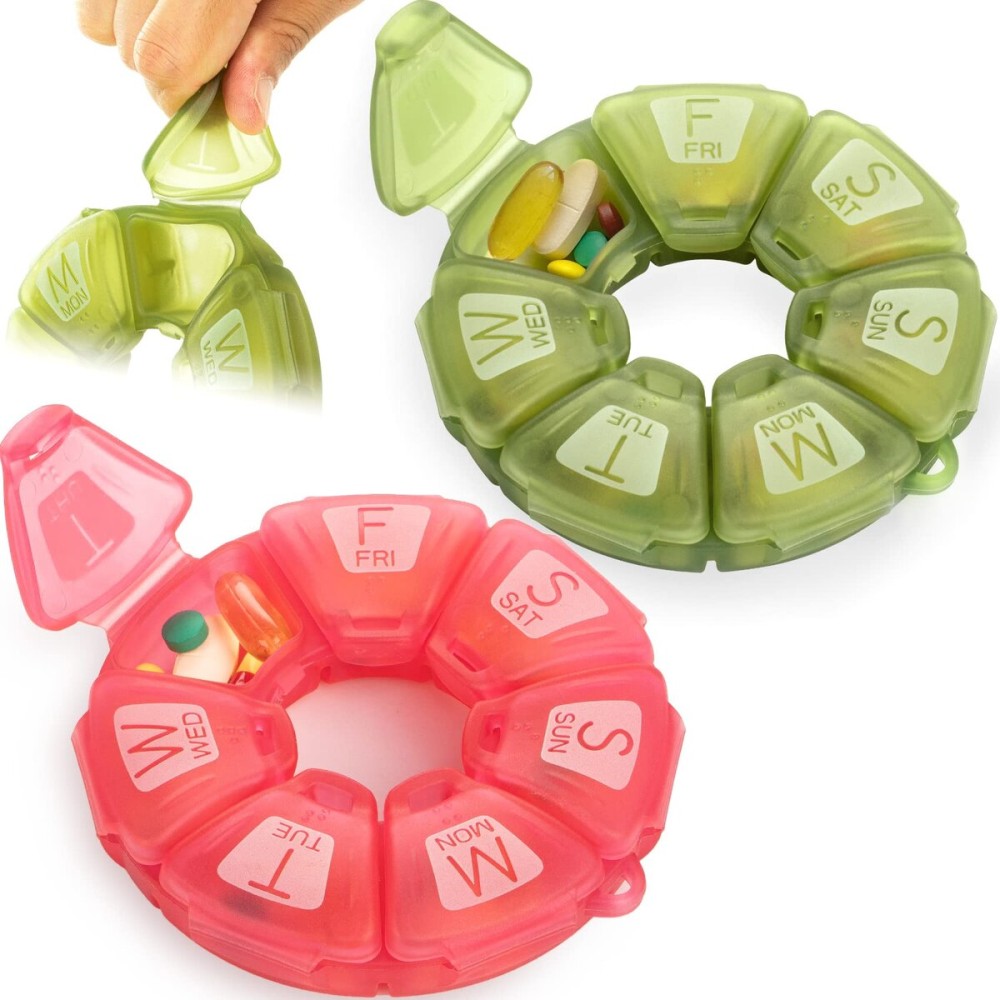 Round Weekly Pill Organizer, Soft-Touch Silicone, Travel Pill Container 7 Day, with 7 Large Compartments, Great for Daily Vitamins & Supplements, Cute Pill Case with Large Letters and Braille (2 pcs)