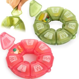 Round Weekly Pill Organizer, Soft-Touch Silicone, Travel Pill Container 7 Day, with 7 Large Compartments, Great for Daily Vitamins & Supplements, Cute Pill Case with Large Letters and Braille (2 pcs)