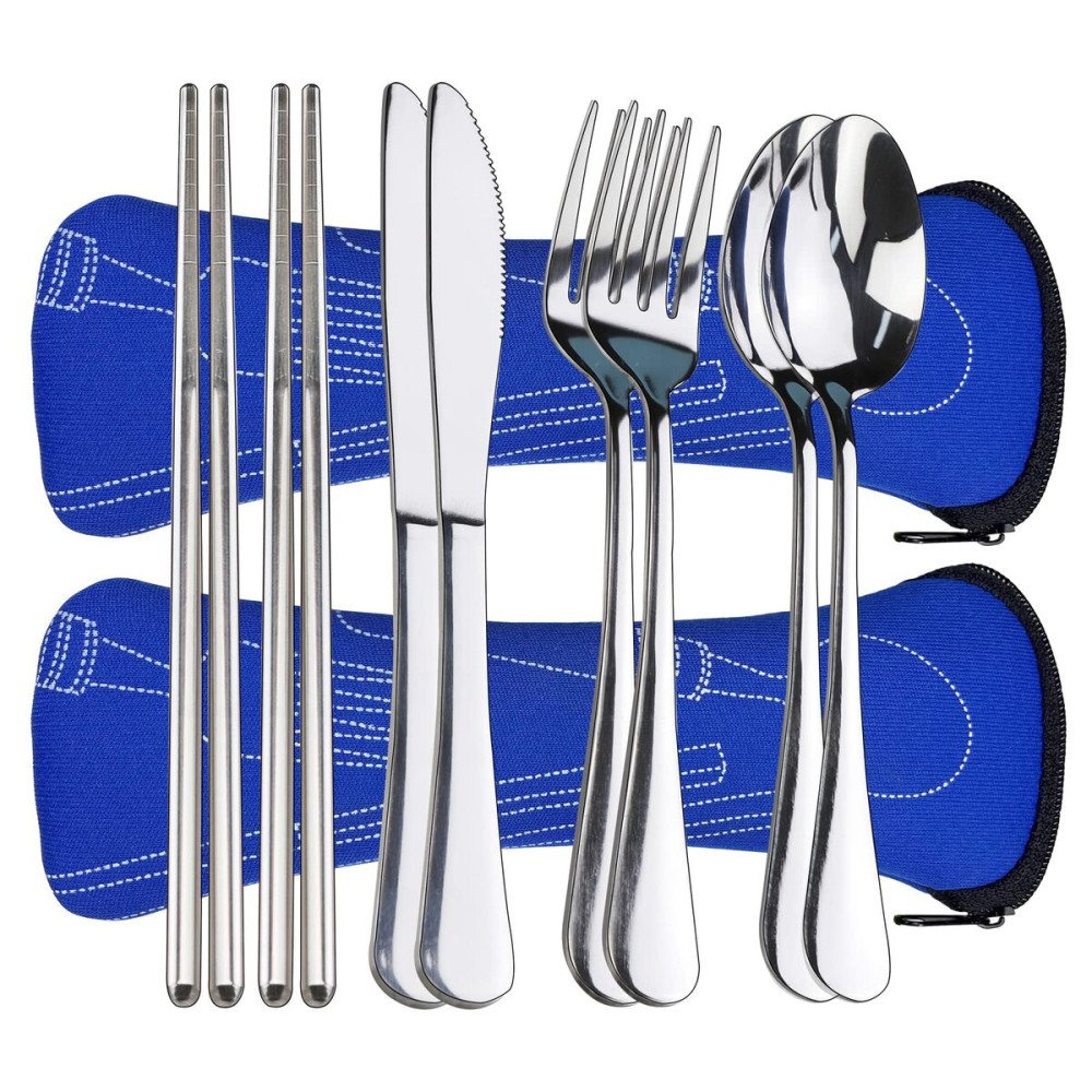10PCS Portable Silverware Set with Case, Lengnoyp Travel Camping Utensils Set, Premium Stainless Steel Travel Cutlery Set, Reusable Safe Flatware Sets for Lunch Box/Workplace/Students, Silver