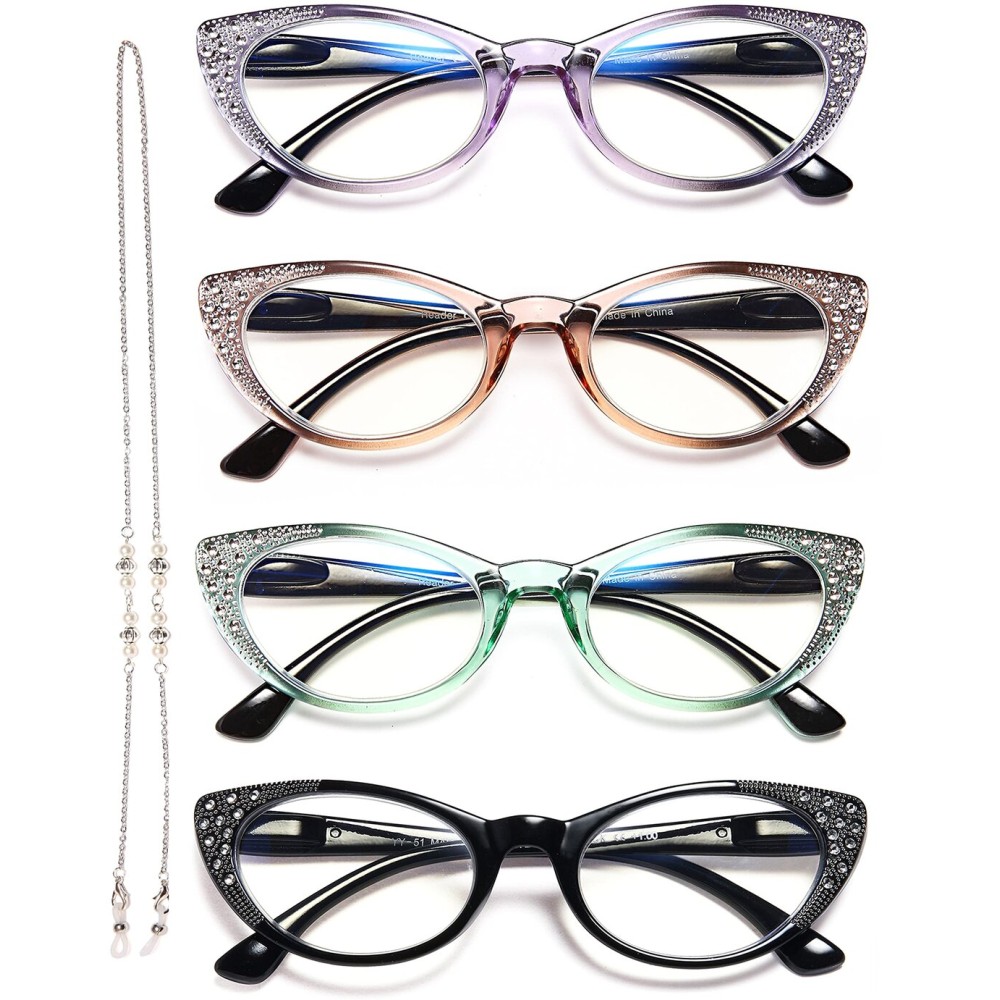 EYEURL Cat Eye Reading Glasses for Women - Blue Light Blocking 4 Pack Ladies Fashion Readers with Flexible Spring Hinges, Anti-Glare&UV Rays +3.50 Eyeglasses, Black/Brown/Green/Purple