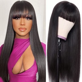 Lativ Straight Wigs with Bangs Human Hair Wigs for Black Women None Lace Front Wigs 150% Density Brazilian Virgin Hair Glueless Machine Made Wig Natural Color(20 Inch, Straight)