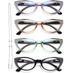 EYEURL Cat Eye Reading Glasses for Women - Blue Light Blocking 4 Pack Ladies Fashion Readers with Flexible Spring Hinges, Anti-Glare&UV Rays +2.25 Eyeglasses, Black/Brown/Green/Purple