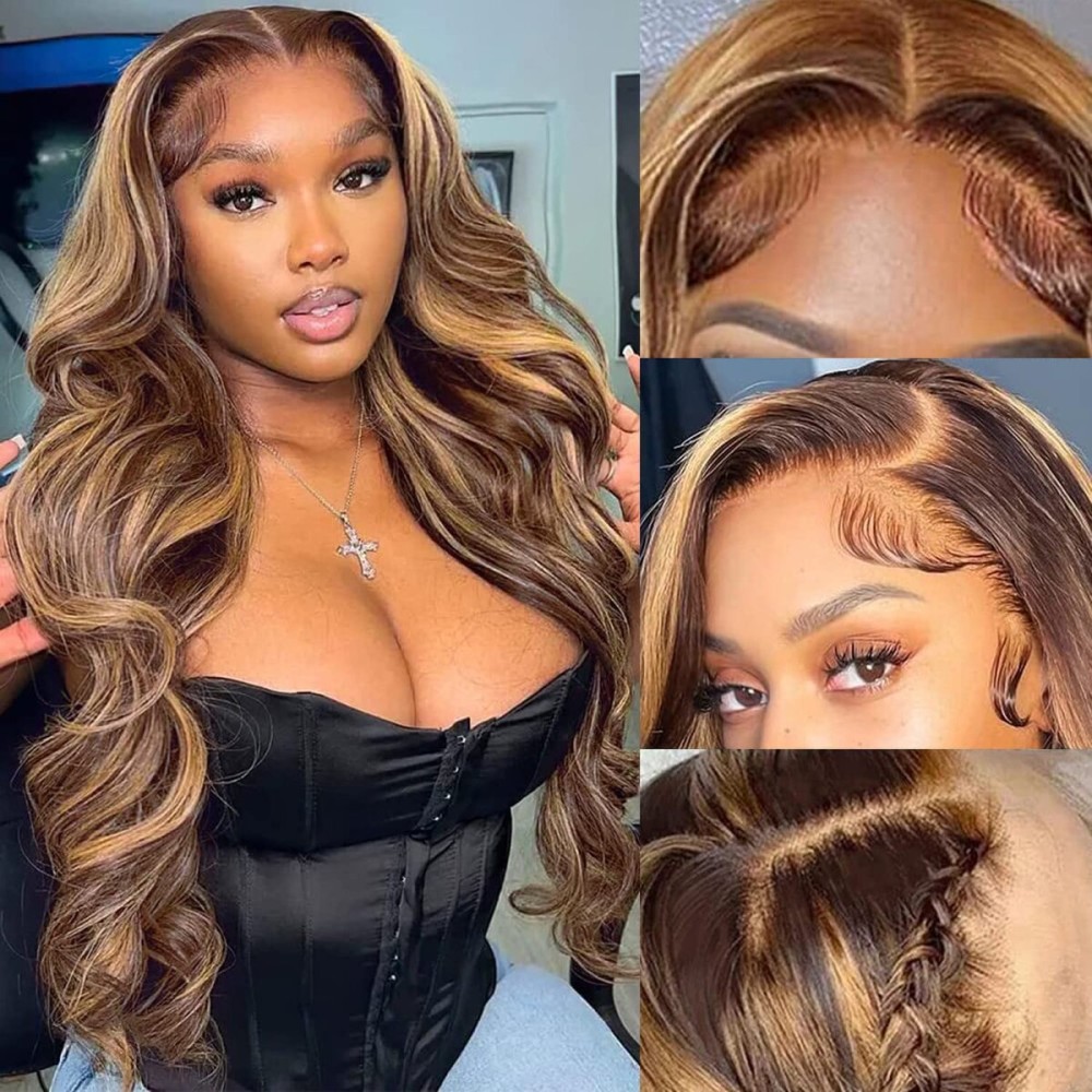 Aicrelery 26 Inch Highlight 13x6 Body Wave HD Transparent Lace Front Wigs Human Hair 4/27 Honey Blonde Body Wave Lace Frontal Wig For Women 180% Density Glueless Ombre Wig Pre Plucked with Baby Hair