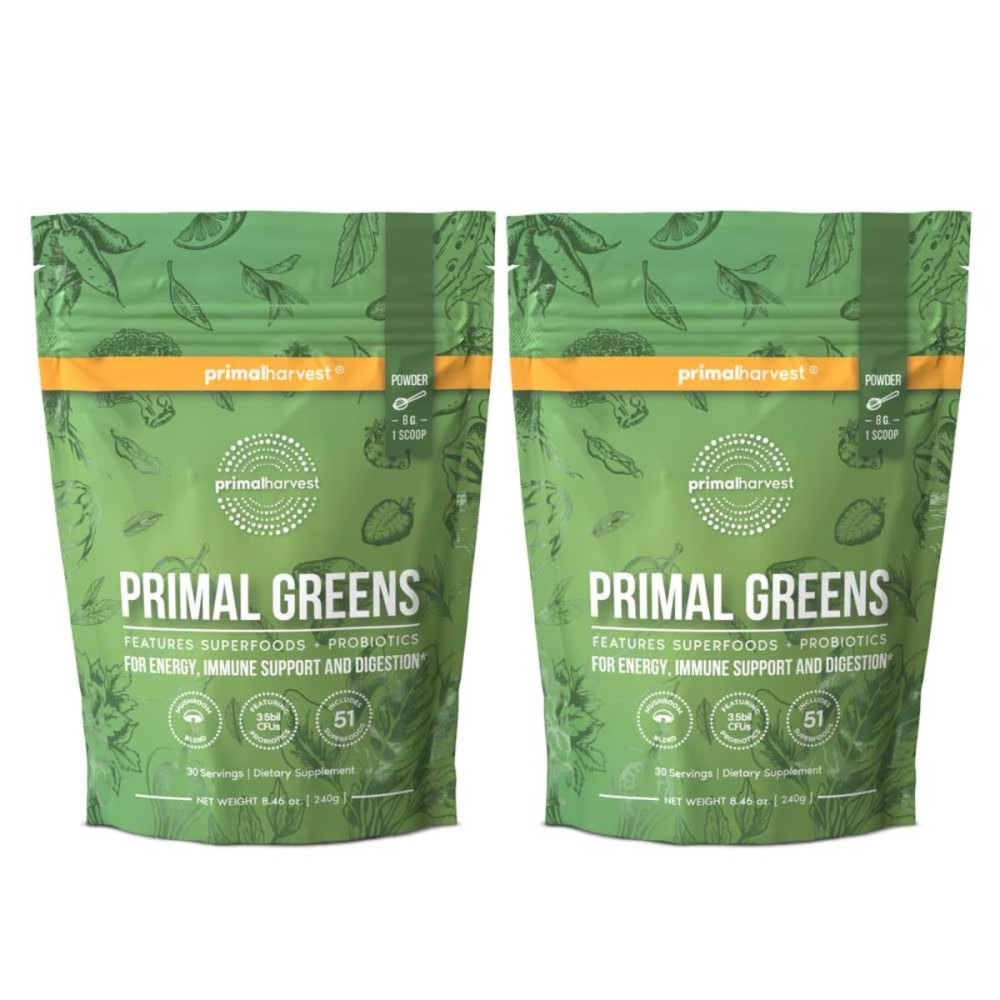 Primal Harvest Primal Greens Powder, 30 Servings Once Daily Supergeens Nutritional Supplement with Spirulina, Mushroom Blend & Probiotics to Support Energy, Wellness, & Digestion