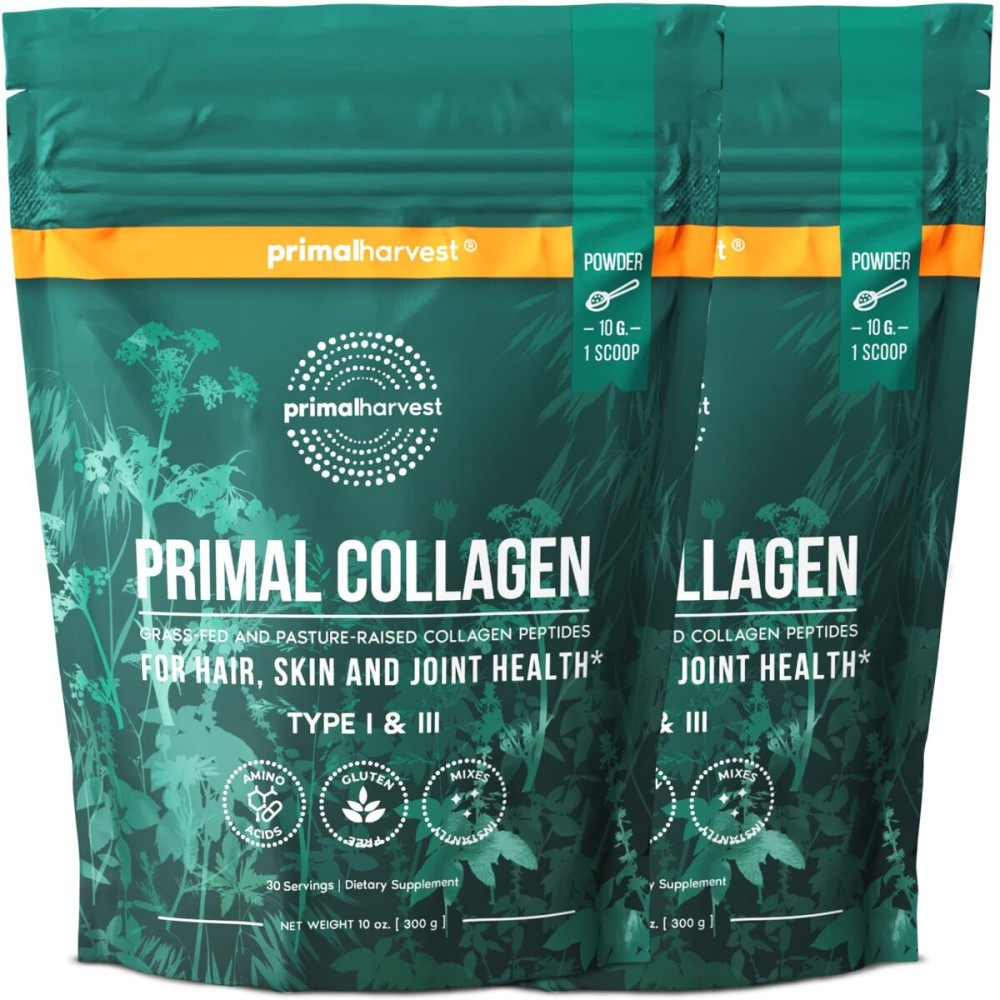 Primal Harvest Collagen Powder for Women or Men Primal Collagen Peptides Powder Type I & III, 10 Oz Collagen Protein Powder for Hair, Skin, Nails (Two Pack, Unflavored)