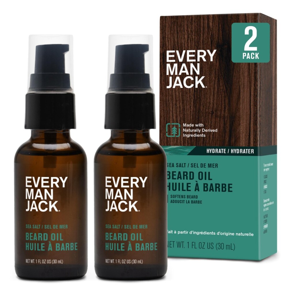 Every Man Jack Mens Beard Oil - Subtle Sea Salt Fragrance - Deeply Moisturizes and Softens Your Beard and Adds a Natural Shine - Naturally Derived with Shea Butter and Coconut Oil - 1 fl oz (2 Pack)