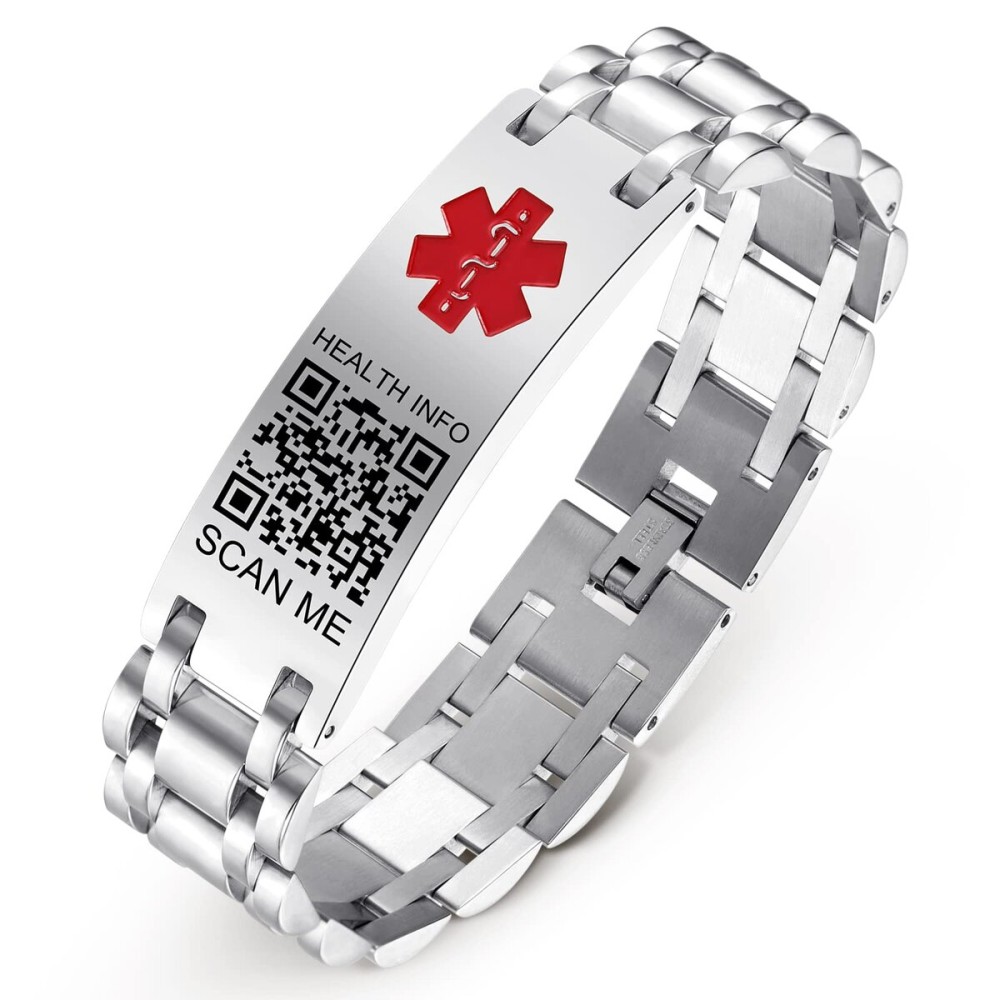 Theluckytag Upgraded Medical Bracelets Men Women with QR Code Medical Alert ID Bracelets - Titanium Steel Wristband Fits Wrists Up 8\'\'-10\'\' - More Space Custom Emergency ID Info