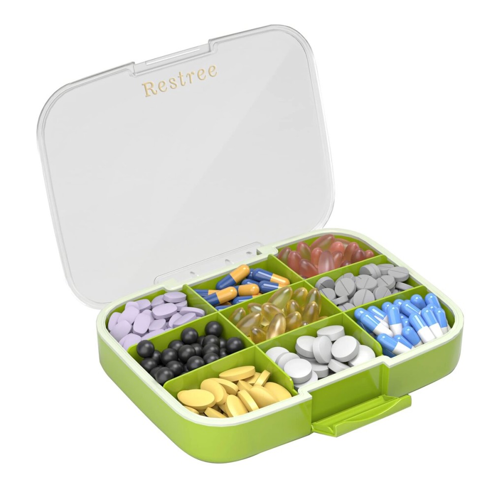 Restree Large Pill Organizer, Moisture Proof & Waterproof Travel Pill Case, Portable Medication Box with Adjustable Dividers for Vitamins Supplements Fish Oil and Daily Pills 9 Compartments (Green)