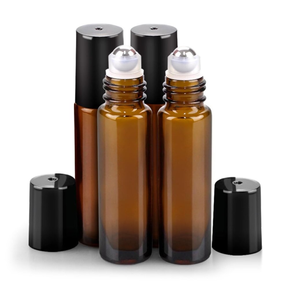 sungwoo 6 Pack Essential Oil Roller Bottles, 10ml Amber Glass Roller Bottles with Stainless Steel Roller Balls and Caps for Travel, Perfume and Lip Gloss