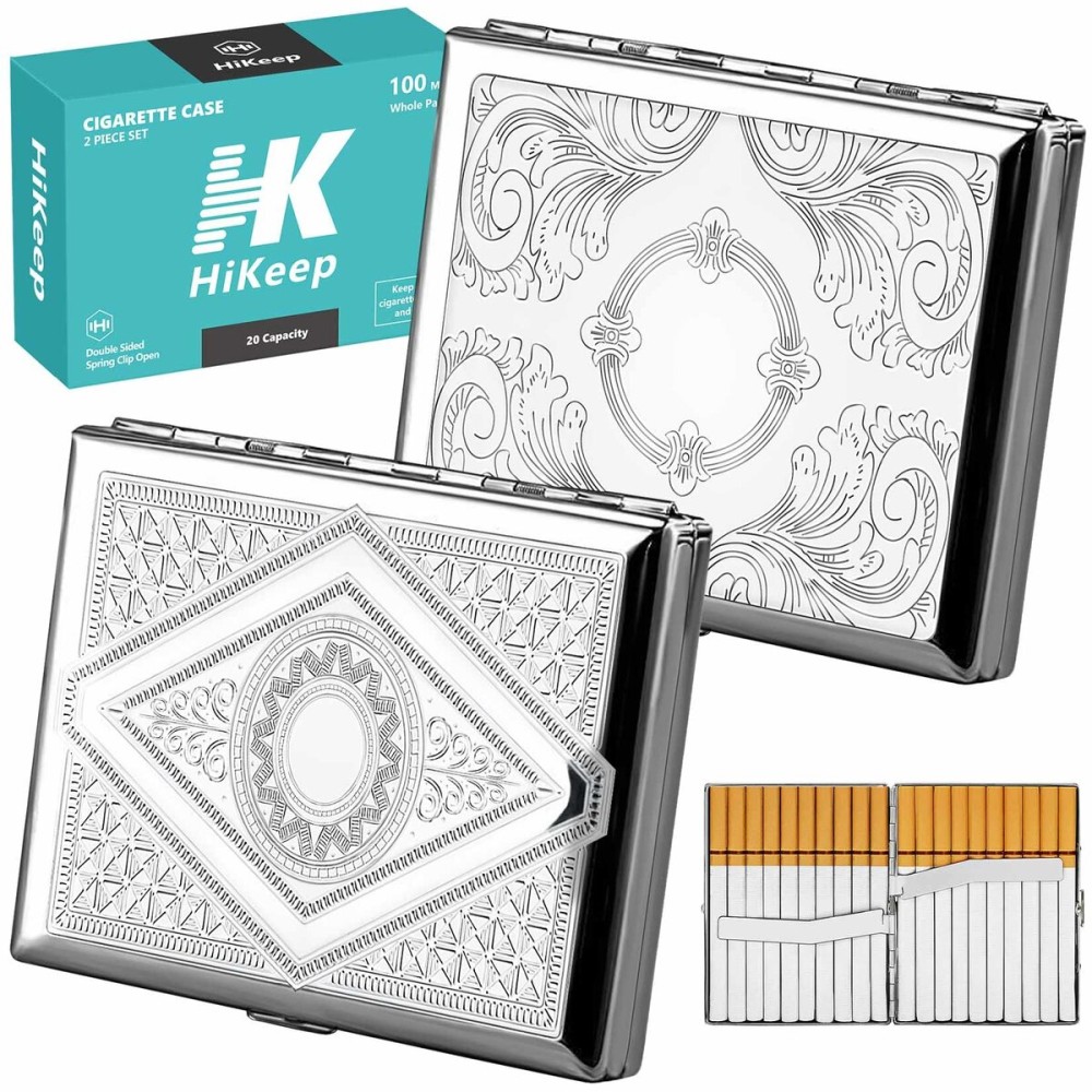 Hikeep Vintage Cigarette Case 2 Pack, Cigarette Holder Case, Smoking Accessories, Metal 20 Capacity for Regular, King and 100\'s Size