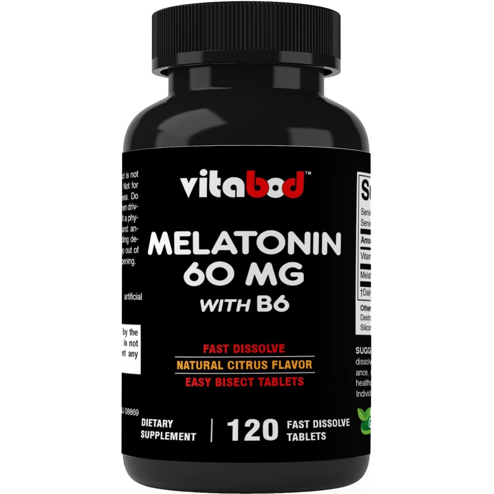 Vitabod Melatonin 60 mg with Vitamin B6 - 120 Fast Dissolve Tablets Extra-Strength Sleep Support - Drug-Free - Natural Citrus Flavor - Vegetarian, Non-GMO, Gluten-Free