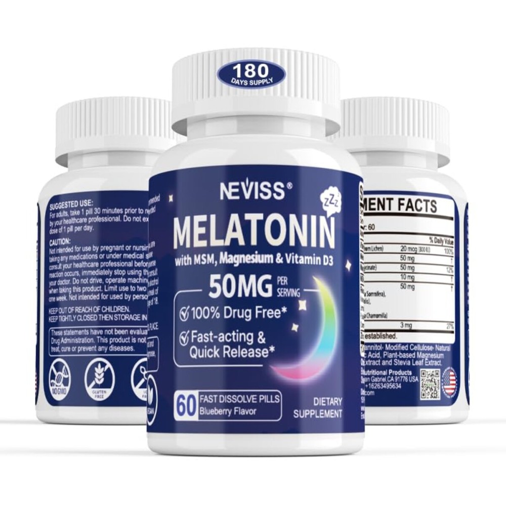 NEVISS Melatonin 50 mg for Adults - Extra Strength 9-in-1 Fast Dissolve Sublingual - High Dose with Magnesium Glycinate, Vitamin D3, Ashwagandha, Lemon Balm, Chamomile, Sugar Free, Vegan 180 Tablets