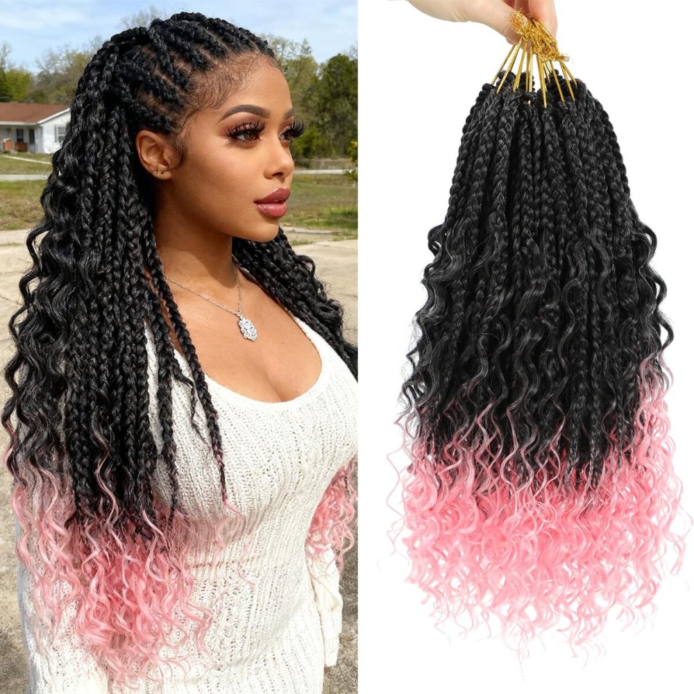 8 Packs Crochet Box Braids- 14 Inch Bohomian Box Braid Crochet Hair Synthetic Braiding Hair Goddess Box Braids Crochet Hair for Black Women(14(8Packs), 1B/Pink)