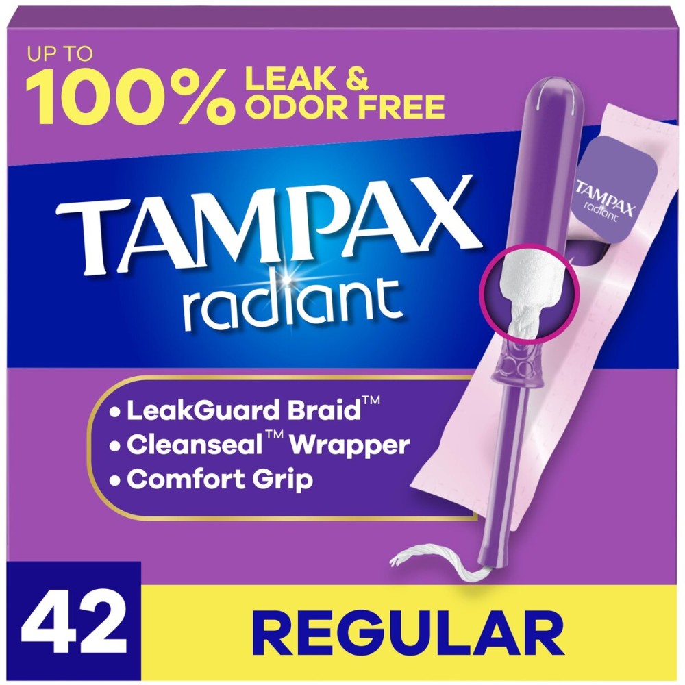 Tampax Radiant Tampons for Women, with LeakGuard Braid, Regular Absorbency, Unscented, 42 Count
