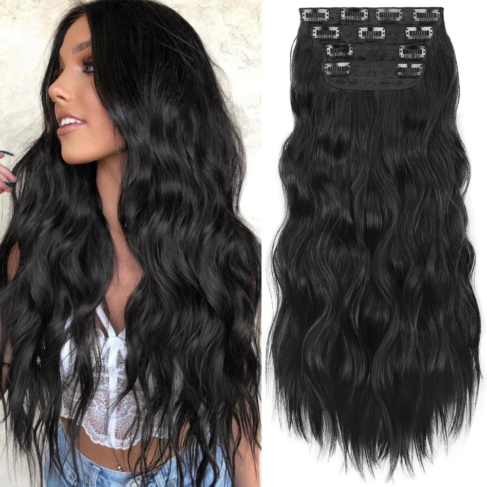 KooKaStyle Clip in Synthetic Hair Extensions Long Wavy 4PCS Thick Hairpieces Black Fiber Double Weft Natural Hair Extensions 24 Inch for Women