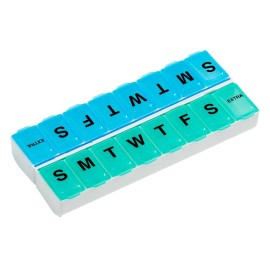 EZY DOSE Weekly (14-Day) Pill Organizer, Vitamin and Medicine Box, Large Snap Compartments, Easy-To-Open, BPA Free, Blue and Green