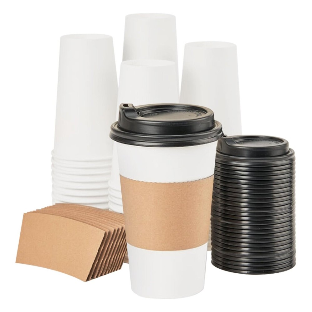 RACETOP 16 oz [100 pack] Coffee Cups with Lids and Kraft Sleeves, Disposable Paper Coffee Cups, Hot Coffee cups, Ideal for Hot Beverage