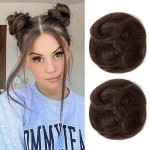 REECHO 2 PCS Mini Claw Clip in Messy & Cat Ears Hair Bun Extensions HB001 Wig Accessory Updo Hairpieces for Women Girls (Pack of 2-3.5 Wavy, Dark Chocolate Brown)