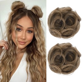 REECHO 2 PCS Mini Claw Clip in Messy & Cat Ears Hair Bun Extensions HB001 Wig Accessory Updo Hairpieces for Women Girls (Pack of 2-3.5 Wavy, Light Ash Brown with Highlights)
