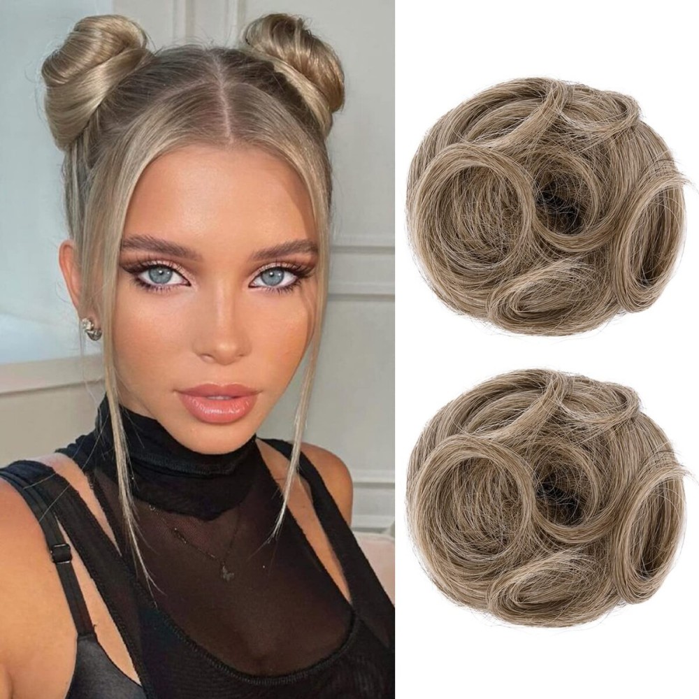 REECHO 2 PCS Mini Claw Clip in Messy & Cat Ears Hair Bun Extensions HB001 Wig Accessory Updo Hairpieces for Women Girls (Pack of 2-3.5 Wavy, Ash Brown)