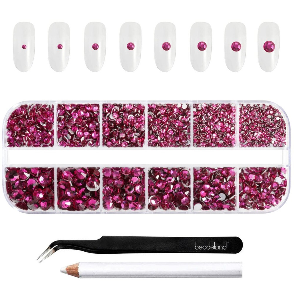 Beadsland Rhinestones for Makeup,8 Sizes 2500pcs Glass Flatback Rhinestones Eye Gems for Nails Crafts with Tweezers and Wax Pencil,Fuchsia,SS4-SS30