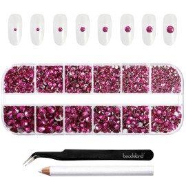 Beadsland Rhinestones for Makeup,8 Sizes 2500pcs Glass Flatback Rhinestones Eye Gems for Nails Crafts with Tweezers and Wax Pencil,Fuchsia,SS4-SS30