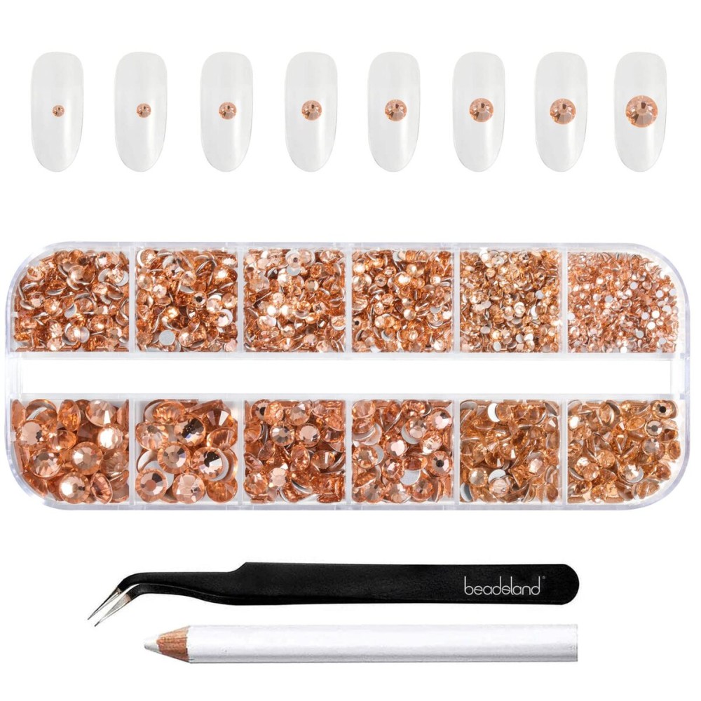 Beadsland Rhinestones for Makeup,8 Sizes 2500pcs Champagne Flatback Rhinestones Eye Gems for Nails Crafts with Tweezers and Wax Pencil,Light Peach,SS4-SS30