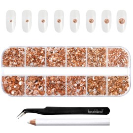 Beadsland Rhinestones for Makeup,8 Sizes 2500pcs Champagne Flatback Rhinestones Eye Gems for Nails Crafts with Tweezers and Wax Pencil,Light Peach,SS4-SS30
