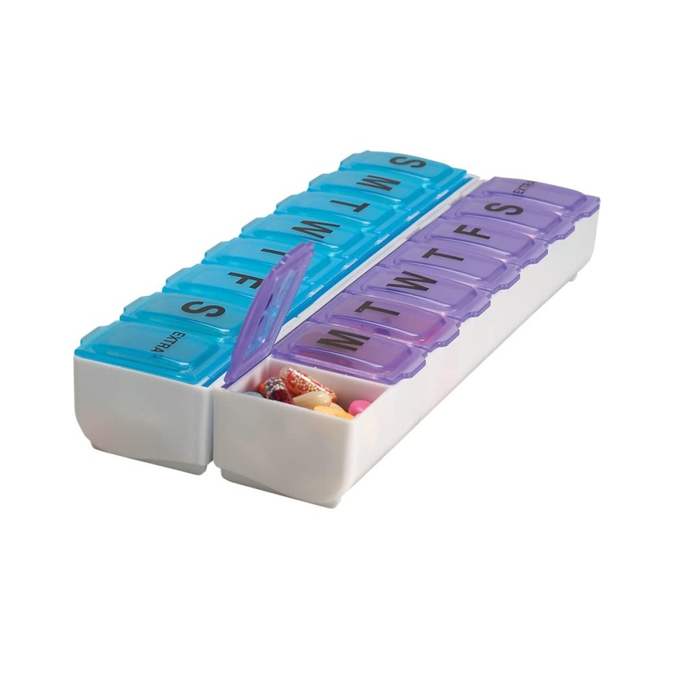 EZY DOSE Weekly (14-Day) Pill Organizer, Vitamin and Medicine Box, Large Snap Compartments, Easy-To-Open, BPA Free, Blue and Purple