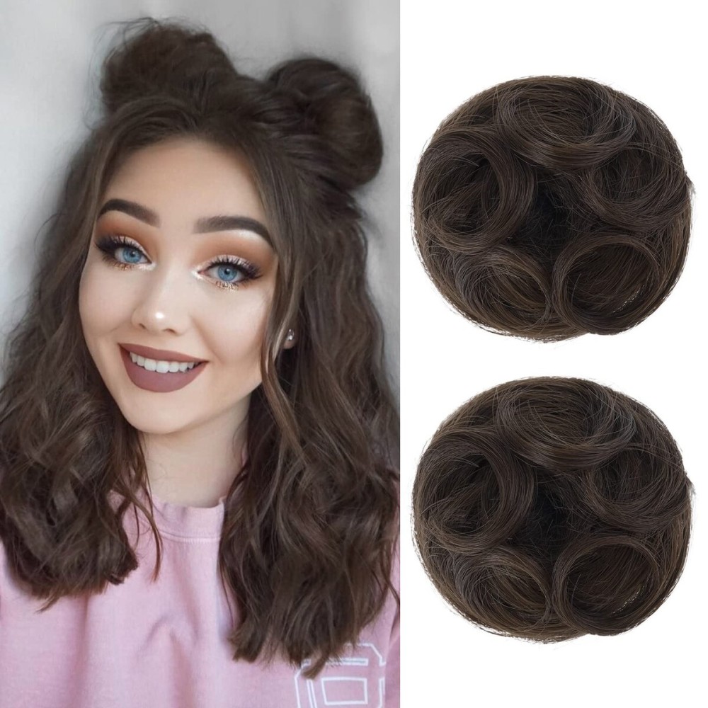 REECHO 2 PCS Mini Claw Clip in Messy & Cat Ears Hair Bun Extensions HB001 Wig Accessory Updo Hairpieces for Women Girls (Pack of 2-3.5 Wavy, Deep Brown)