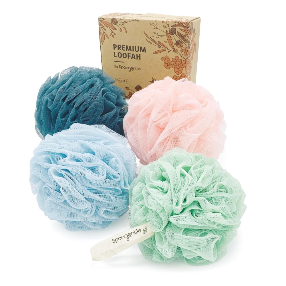 Spongentle Premium Deep Cleansing Loofah Sponge for Radiant Skin, Pack of 4, Bath and Shower, Exfoliating Body Scrubber, Beautiful Colors for Women and Men