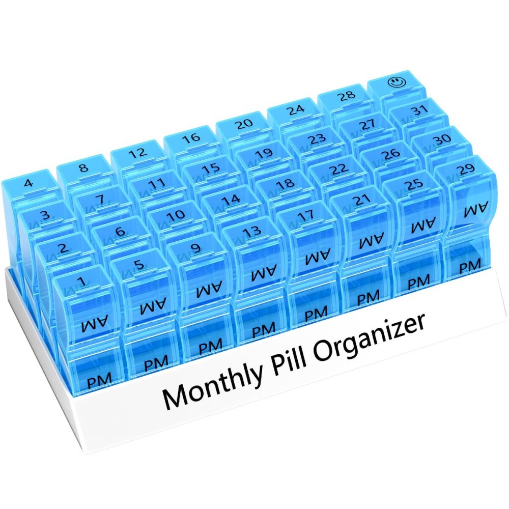 Monthly Pill Organizer 2 Times a Day, 30 Day Pill Box Organizer, One Month AM PM Pill Case Small Compartments to Hold Vitamin and 31 Day Travel Medicine Organizer, 4 Week Pill Cases (Blue)
