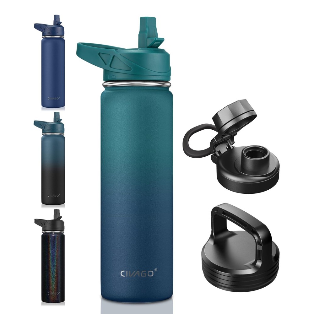 CIVAGO 22 oz Insulated Water Bottle With Straw, Stainless Steel Sports Water Flask Cup with 3 Lids (Straw, Portable Spout and Handle Lid), Double Walled Travel Thermal Canteen Mug, Dark Night