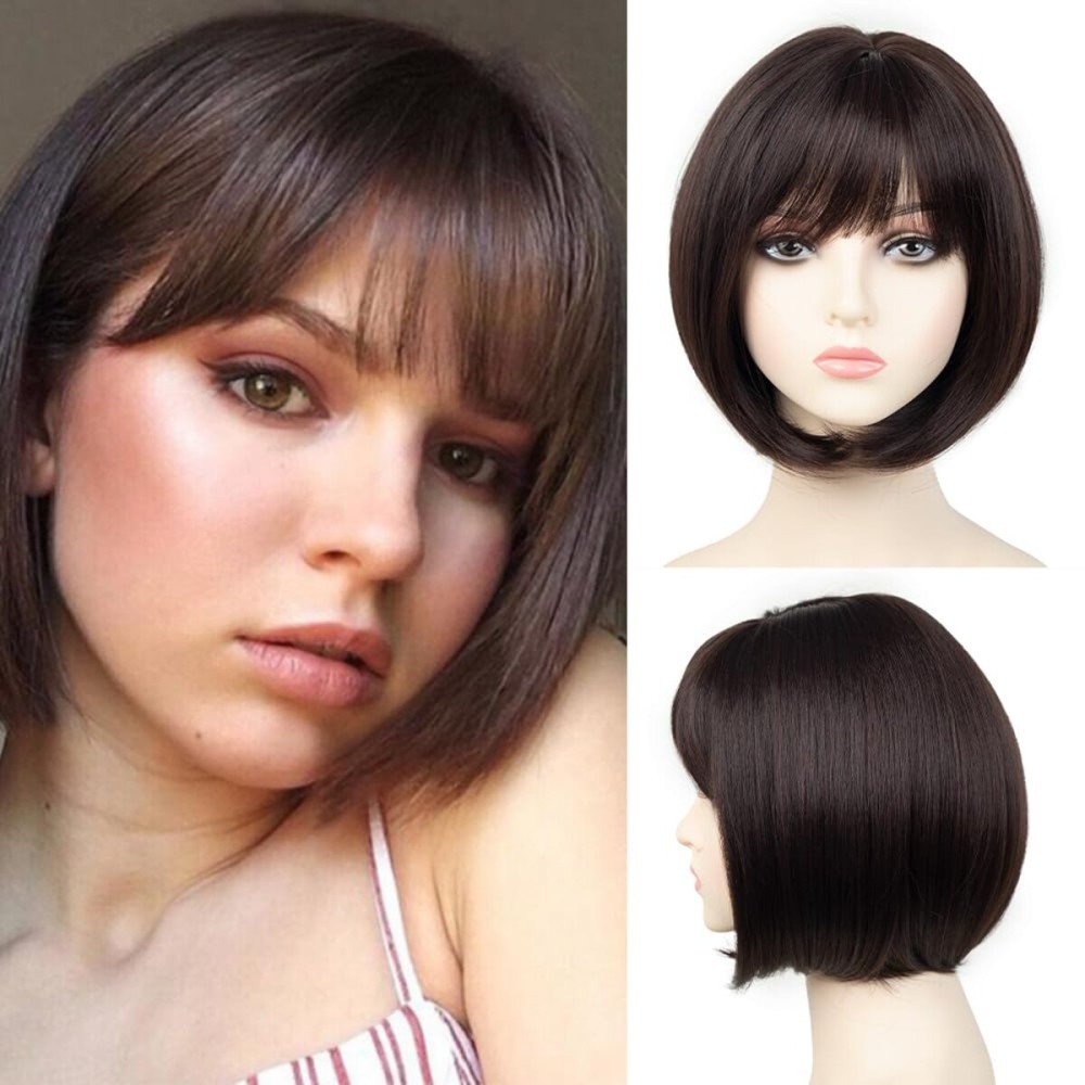 XIUFAXIRUSI XIUFAXIRUSI Short Brown Bob Wig with Cute Bangs Brown Silky Straight Wigs for Women Natural Fashion Synthetic Wigs for Cospaly Halloween Wig