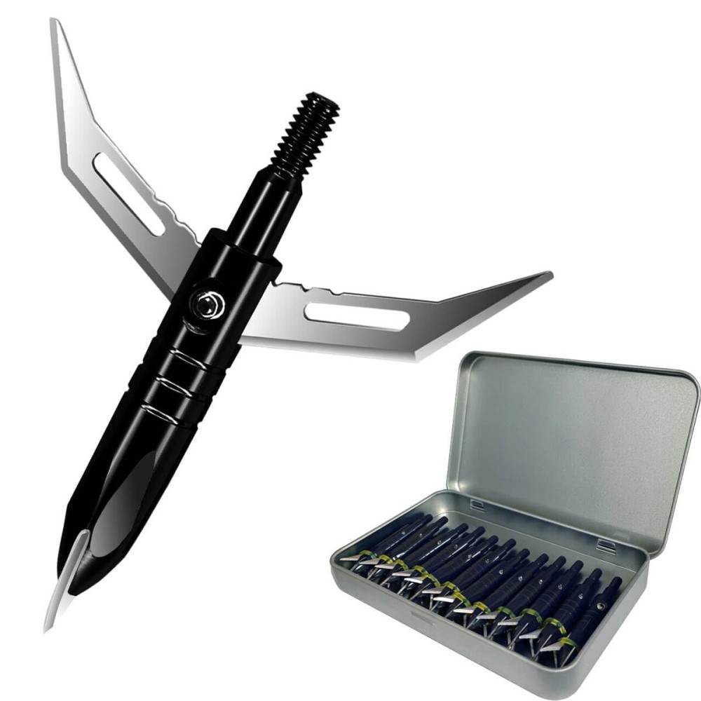e5e10 12pcs Hunting Broadheads 100 Grain Archery Broadheads New Steel Broadheads + 1 pc Metal Broadhead Case for Arrowheads (Black)