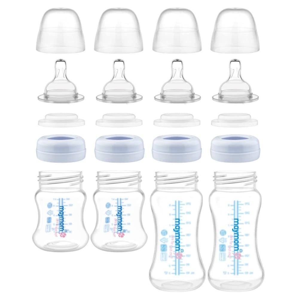 Maymom Wide-Mouth Milk Storage Collection Feeding Bottle with Nipple, Dome Cap, Bottle Top, SureSeal Disk; Compatible with Spectra/Luna Pumps; 4.7oz/140mL, 2pc & 9oz/280mL, 2pc
