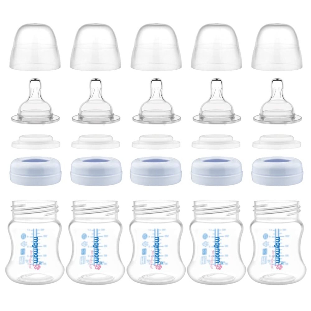 Maymom Wide-Mouth Milk Storage Feeding Collection Bottle with Nipple, Dome Cap, Bottle Top, SureSeal Sealing Disk; Compatible with Spectra Pump/Motif Luna; 5 pc (4.7Oz/140mL)