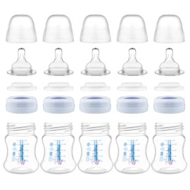 Maymom Wide-Mouth Milk Storage Feeding Collection Bottle with Nipple, Dome Cap, Bottle Top, SureSeal Sealing Disk; Compatible with Spectra Pump/Motif Luna; 5 pc (4.7Oz/140mL)