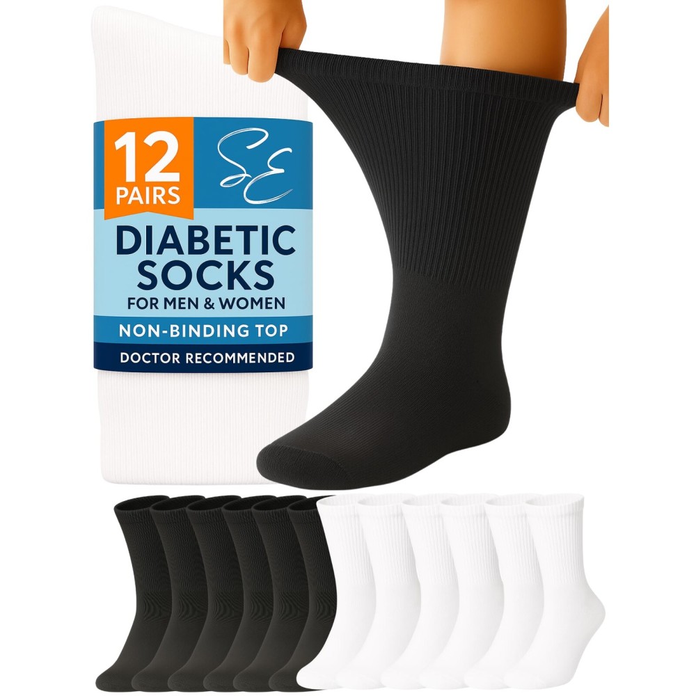 Special Essentials Diabetic Socks for Men & Women - 12 Pairs of Non-Binding Extra Wide Top Cotton Neuropathy Socks - Crew Length, White and Black, 9-11