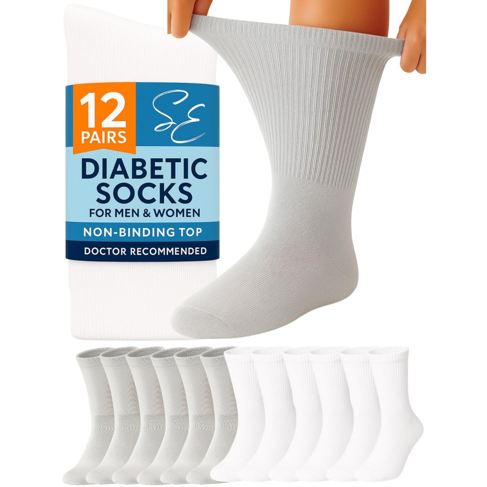 Special Essentials Diabetic Socks for Men & Women - 12 Pairs of Non-Binding Extra Wide Top Cotton Neuropathy Socks - Crew Length, Gray and White, 13-15