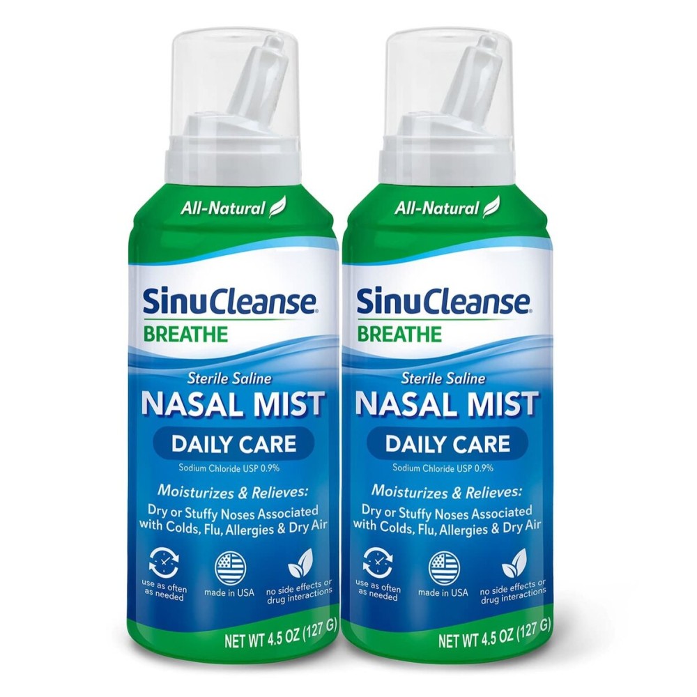 SinuCleanse Daily Care Sterile Saline Nasal Spray, Ultra Fine Mist, Instantly Moisturizes & Relieves Everyday Nasal Congestion Due to Colds & Dry Air, 4.5 Oz (2 Pack), Made in USA