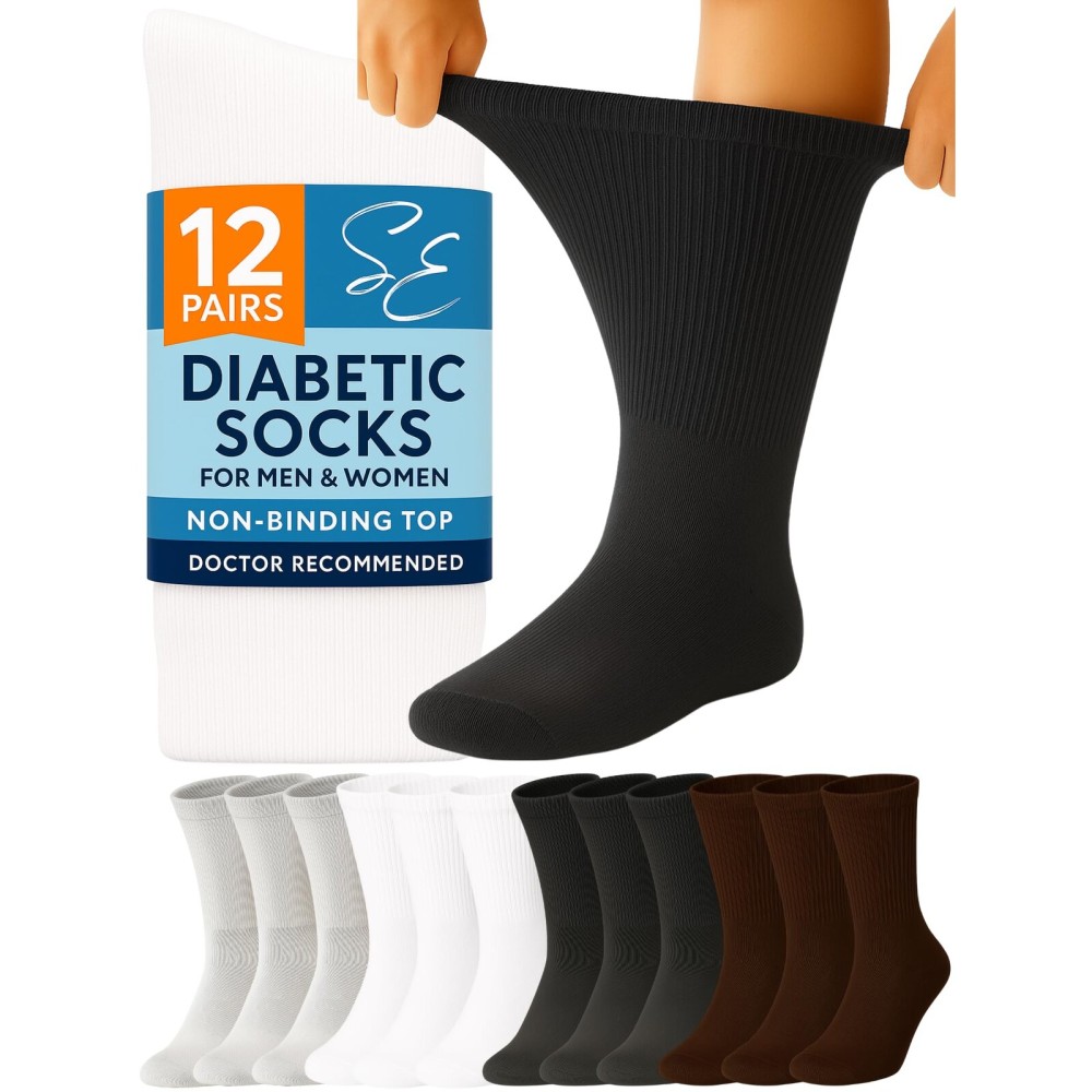 Special Essentials Diabetic Socks for Men & Women - 12 Pairs of Non-Binding Extra Wide Top Cotton Neuropathy Socks - Crew Length, Variety Pack, 9-11