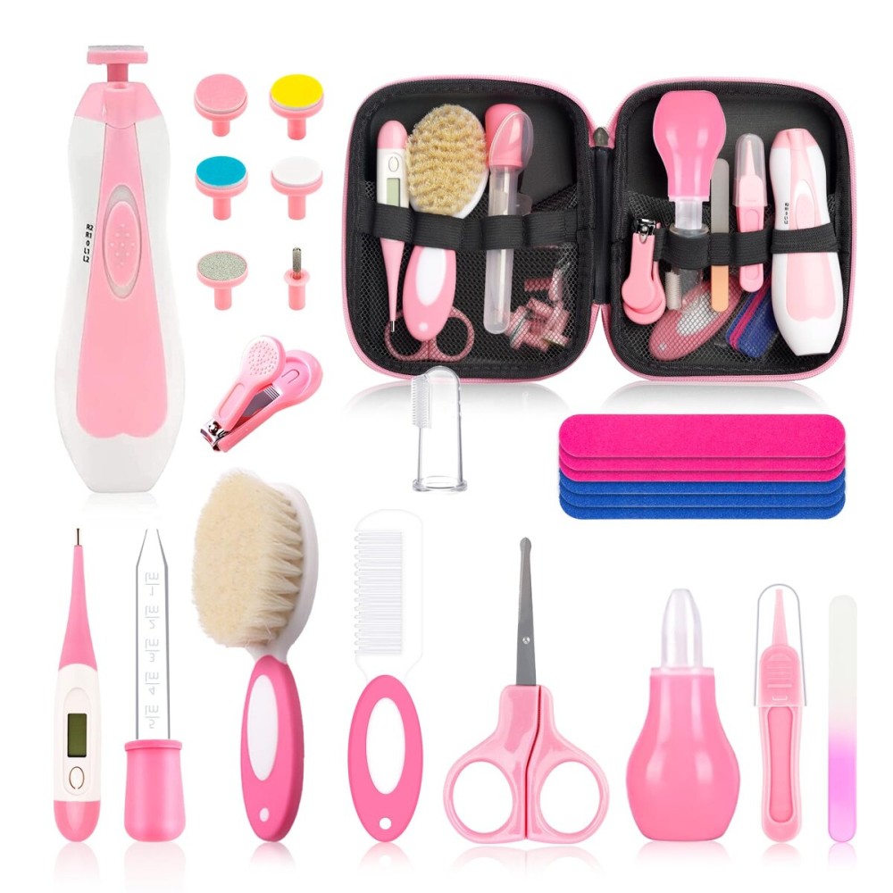 Baby Healthcare and Grooming Kit, Baby Safety Set Newborn Nursery Health Care Set with Hair Brush Scale Measuring Spoon Nail Clippers for Baby Girls Boys (24PCS Pink)