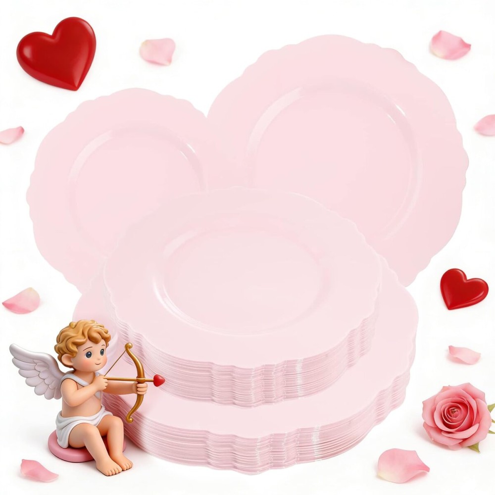 WDF 60pcs Pink Plastic Plates - Baroque Pink Disposable Plates Including 30 Dinner Plates 10.25inch, 30 Dessert Plates 7.5inch for Upscale Valentine\'s Day, Wedding, Parties