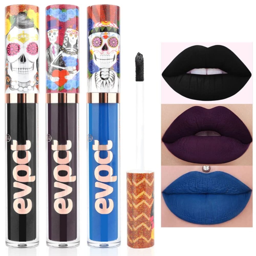 evpct 3Pcs Dark Blue Black Purple Matte Liquid Lipsticks Lip Gloss Stain Makeup Sets Smudge Proof, Skull Face 24 Hour Long Lasting Liquid Matte Lipstick Waterproof labial mate larga duracion 24
