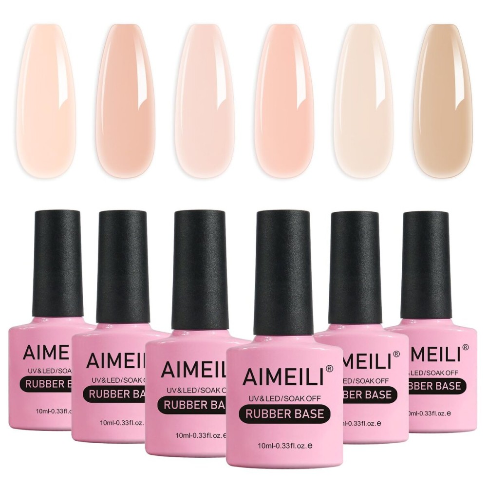 AIMEILI Hema Free Rubber Base Gel For Nails, Soak Off U V LED Clear Sheer Gel Nail Polish, 4 in 1 Nail Strengthen/Enhance/Base Coat/Color Set Of 6pcs X 10ml - Kit 45