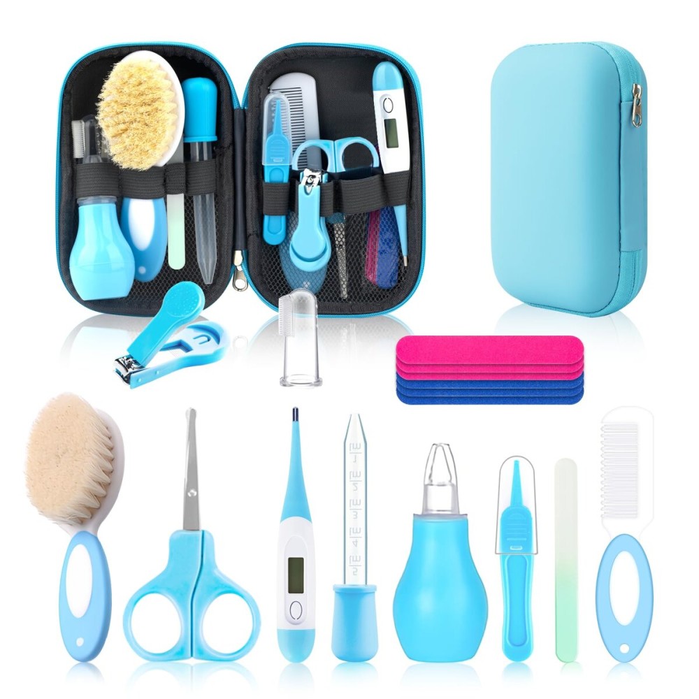 Baby Healthcare and Grooming Kit, Baby Safety Set Newborn Nursery Health Care Set with Hair Brush Scale Measuring Spoon Nail Clippers (17PCS Blue)