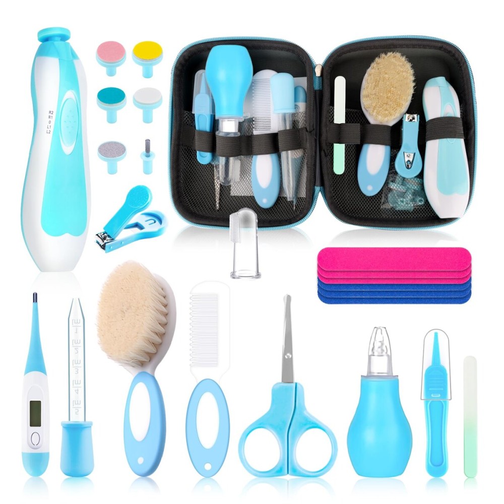 Baby Healthcare and Grooming Kit, Baby Safety Set Newborn Nursery Health Care Set with Hair Brush Scale Measuring Spoon Nail Clippers for Baby Girls Boys (24PCS Blue)