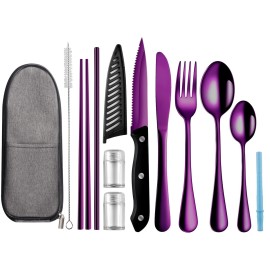 Logcow Travel Utensils with Case,Reusable Utensils,Portable Travel Camping Cutlery Set,Stainless Steel Flatware Set,Lunch Boxes Workplace Camping School Picnic (Purple)