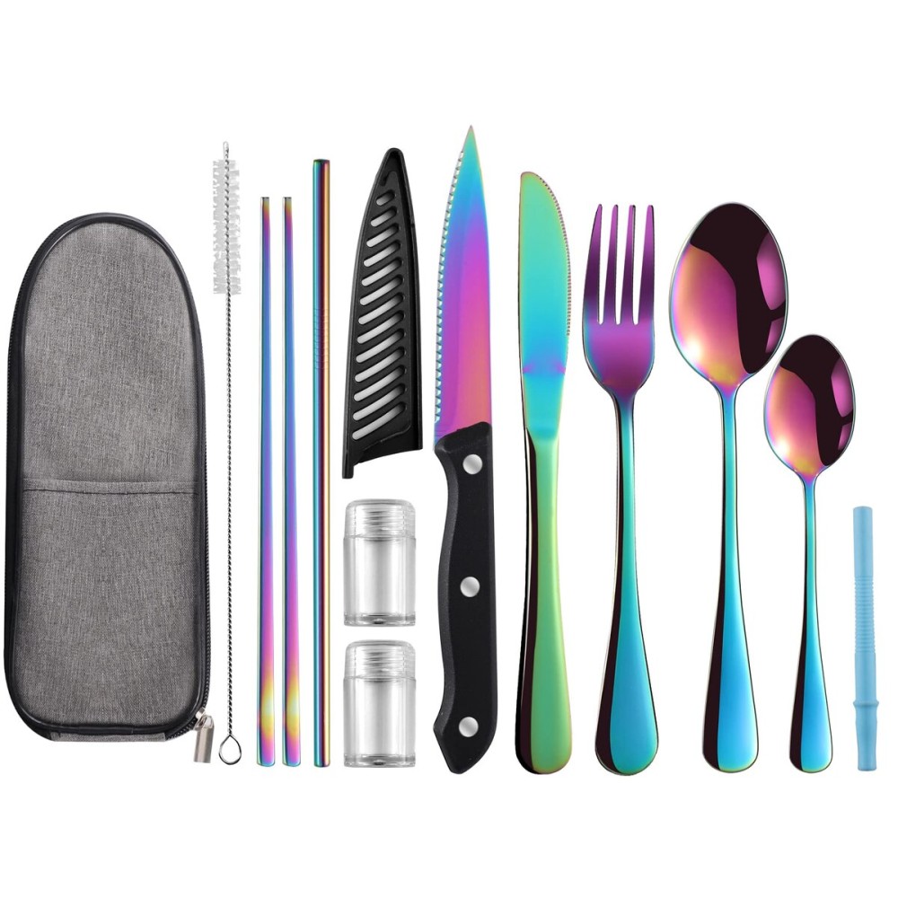 Logcow Travel Utensils with Case,Reusable Utensils,Portable Travel Camping Cutlery Set,Stainless Steel Flatware Set,Lunch Boxes Workplace Camping School Picnic (Rainbow)